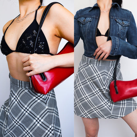 90S Y2K 2000S VINTAGE LIA TALIA RED REAL LEATHER LONG SHOULDER BAG