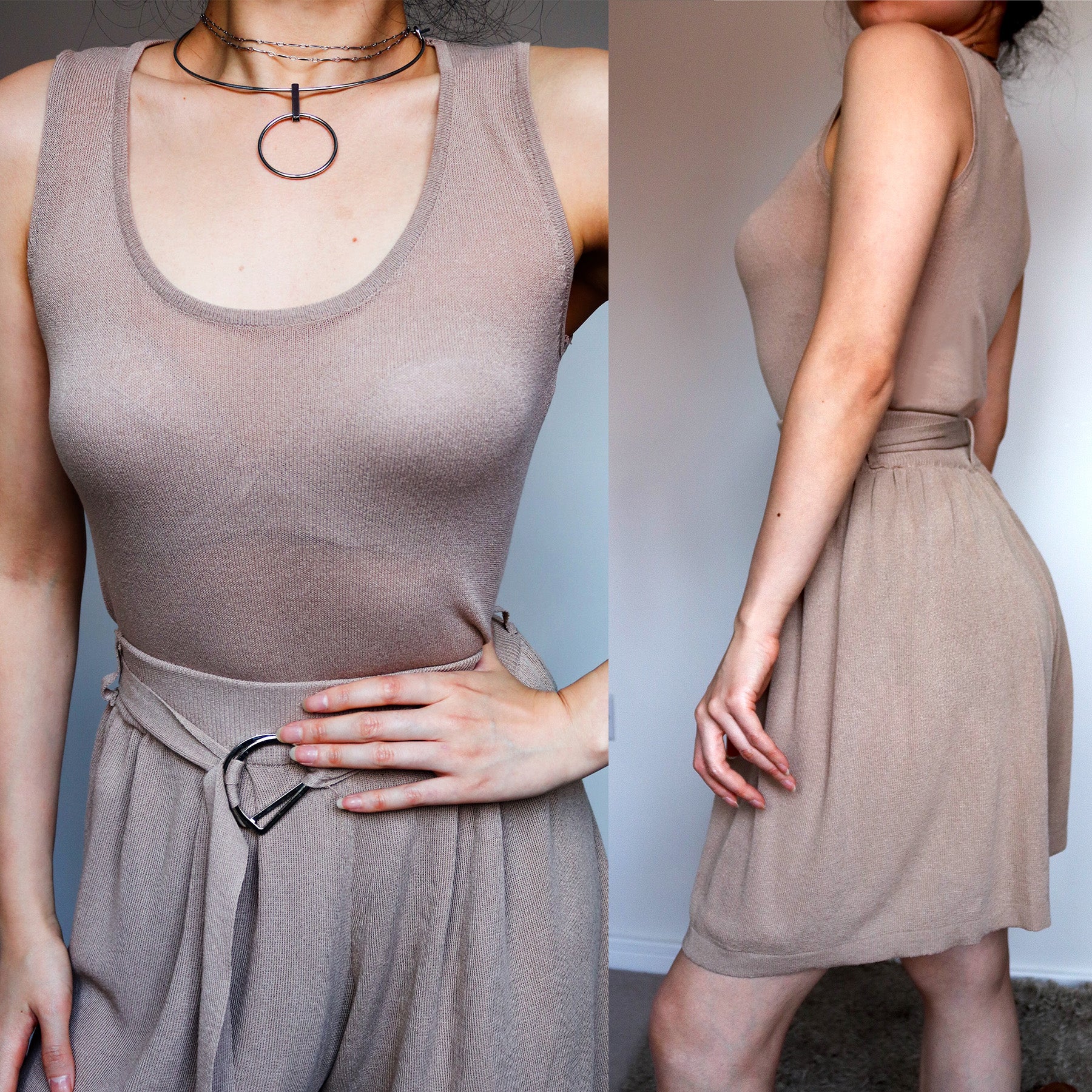 NUDE BROWN BEIGE  COORDINATE SET KNIT TOP AND SHORTS WITH BELT STRAPS