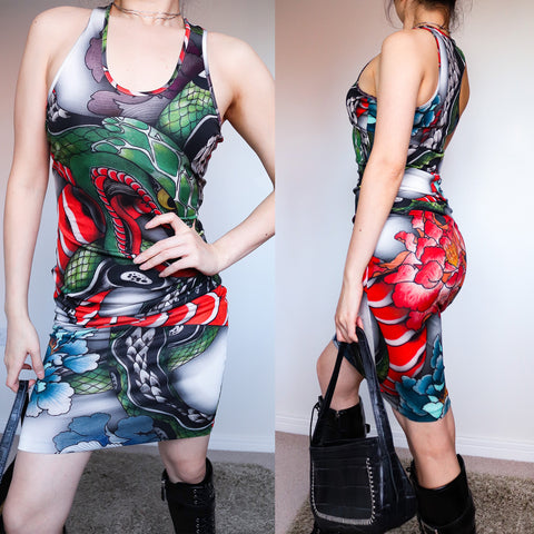 90S Y2K 2000S VINTAGE GREEN RED CHRISTOPHER KANE SNAKE FLORAL ORIENTAL ART PRINT STRETCHY VEST DRESS