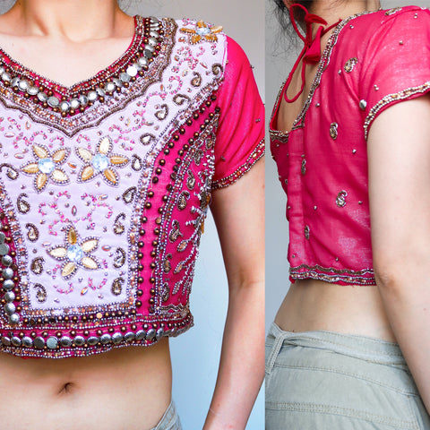 VINTAGE PINK BOHO HIPPIE FLORAL SEQUIN BEADS BEADED PALE GOLD THREADS EMBROIDERY BACK TIES CROP SHORT SLEEVES TOP