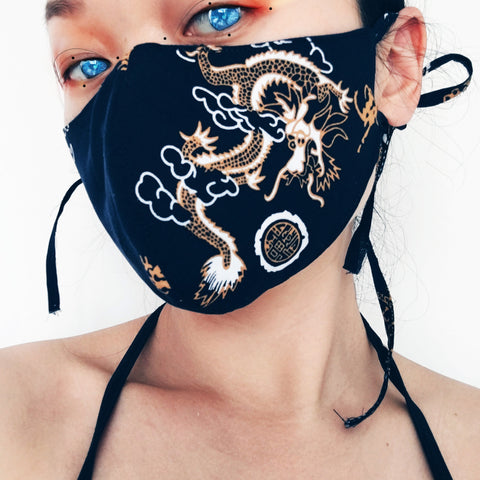 REVERSIBLE NAVY DRAGON  COTTON 2 LAYERS WITHOUT FILTER POCKET NON MEDICAL TAILOR MADE FACE MASK FOR KID TEEN WOMEN LADIES MEN