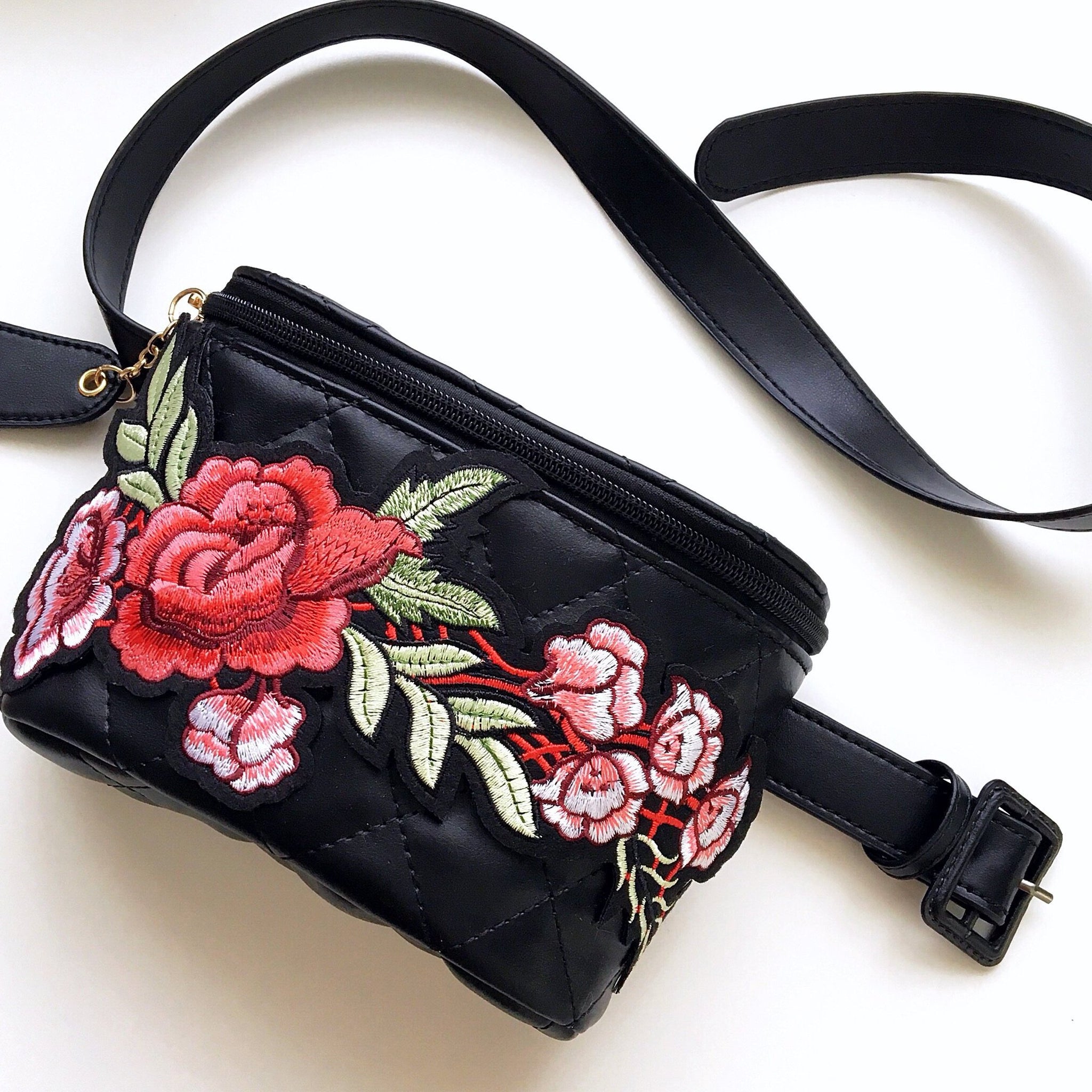 BLACK FAUX LEATHER QUILTED FLORAL BELT BAG
