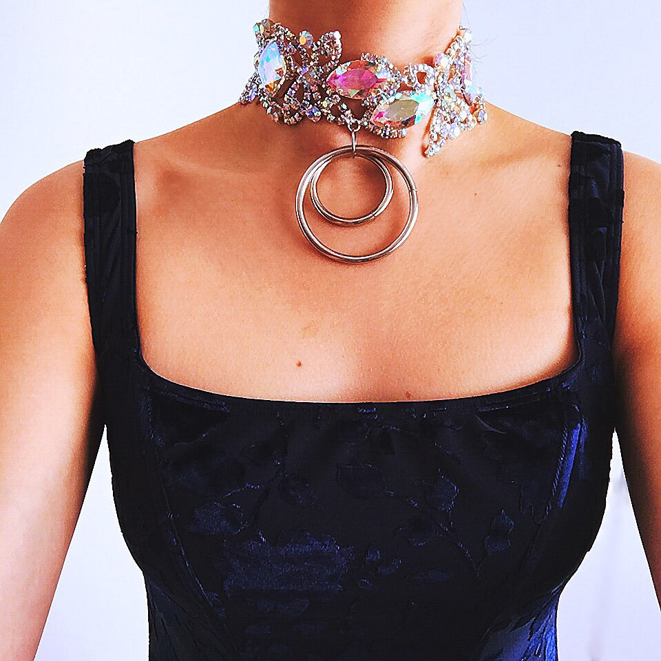 SOLID CHUNKY DOUBLE RINGS DIAMANTE CHOKER NECKLACE