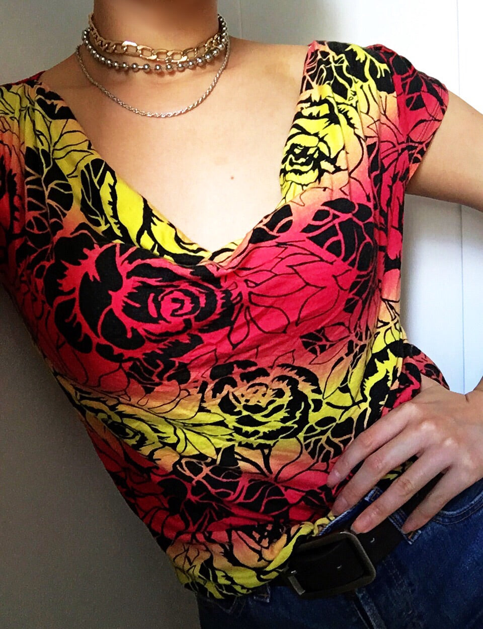 90s Y2k VINTAGE ROSE ROCK N ROLL STYLE COWL NECK TEE TOP