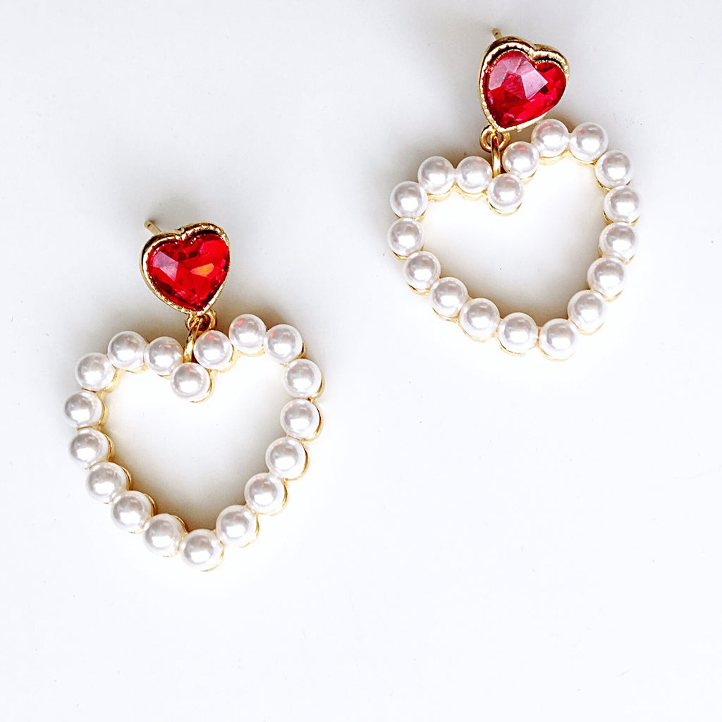 RED DIAMANTÉ FAUX PEARL HEART EARRINGS