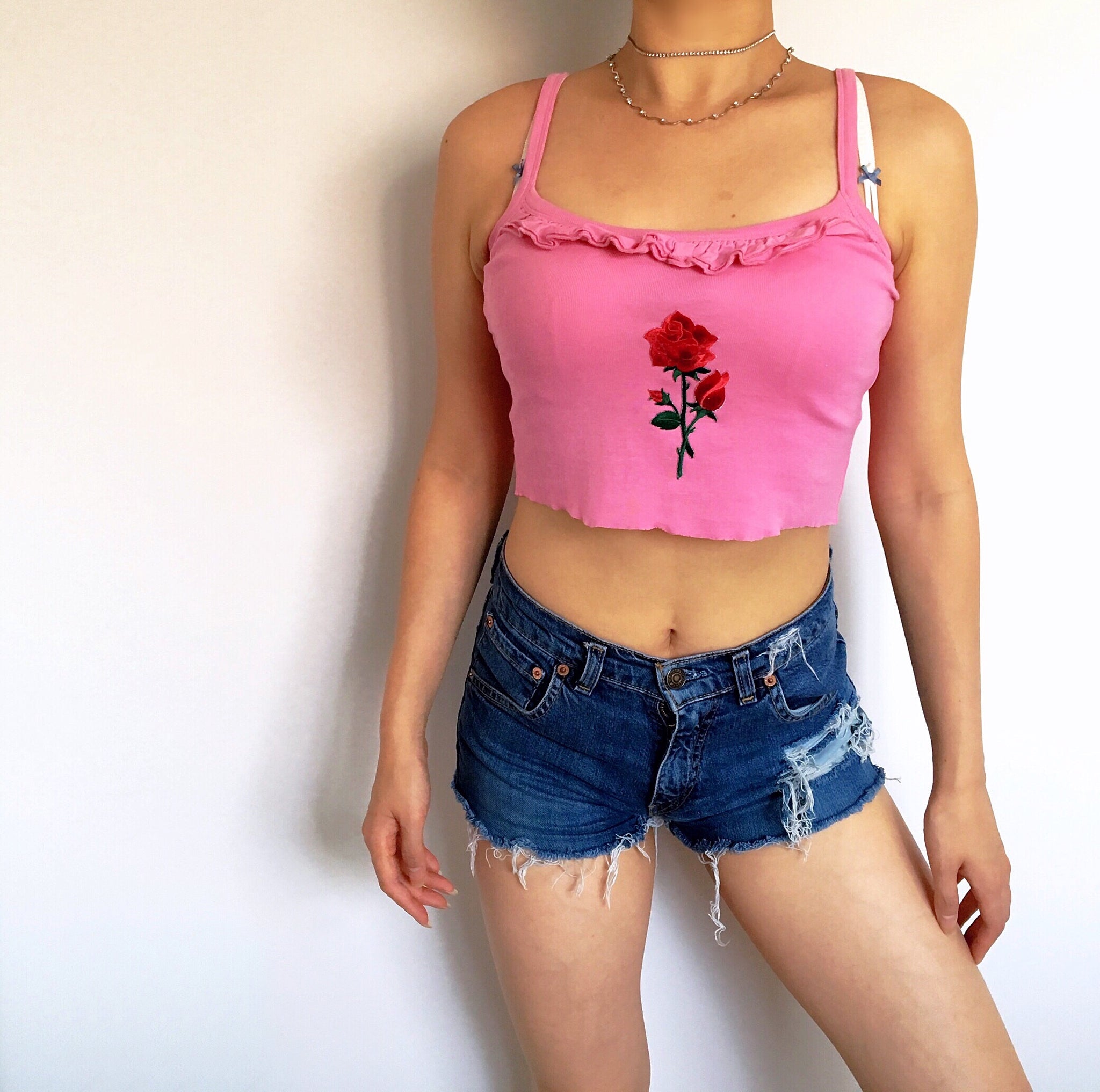 ROSE RUFFLE NECK CROP VEST TOP