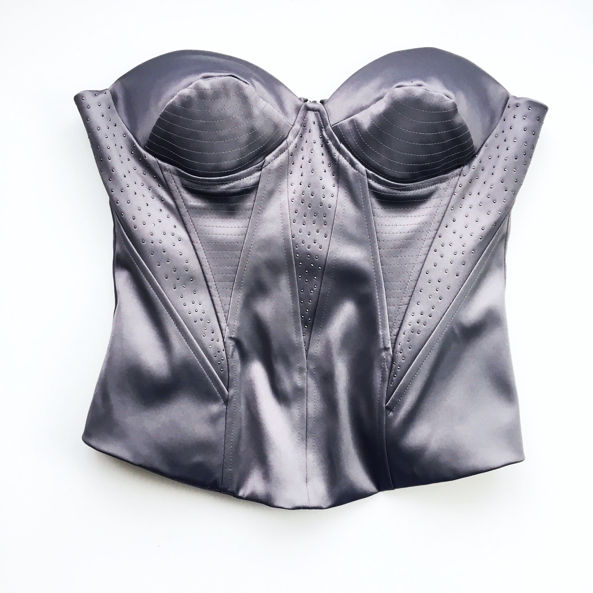 RETRO STITCHED STONE EMBELLISHMENTS DEVIL GREY SATIN BONED CORSET TOP