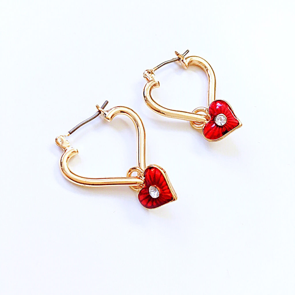 RED DIAMANTÉ HEART HOOP EARRINGS