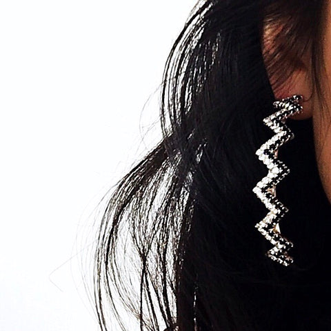 ZIG ZAG BLACK WHITE DIAMANTÉ HOOP EARRINGS