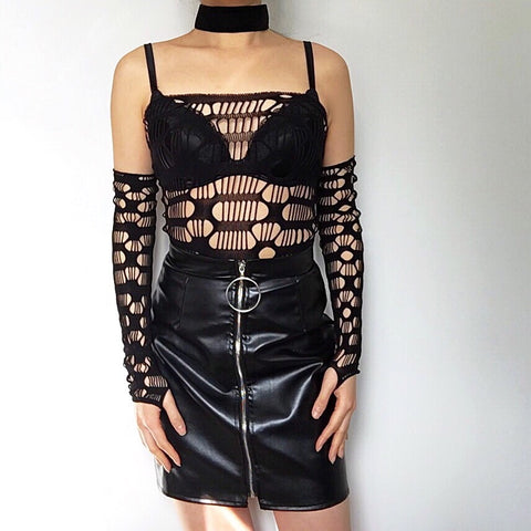 BLACK THICK STRETCHY FISHNET MESH TUBE TOP WITH SLEEVES