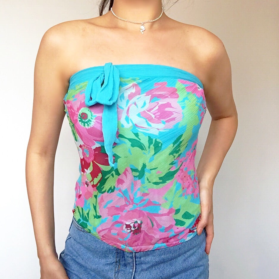 90S 00 Y2K BLUE SILK FLORAL TUBE TOP