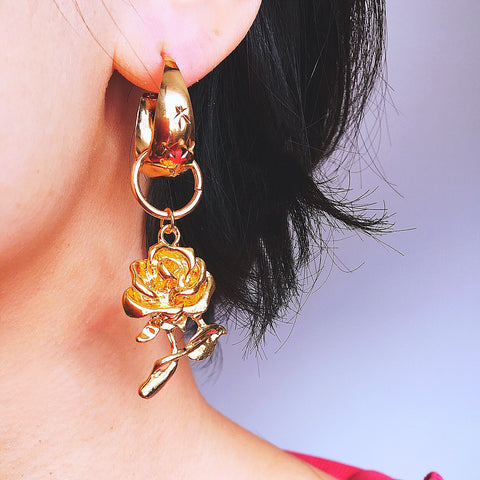Y2K 2000S 90S STYLE GOLD CHUNKY HOOP ROSE EARRINGS