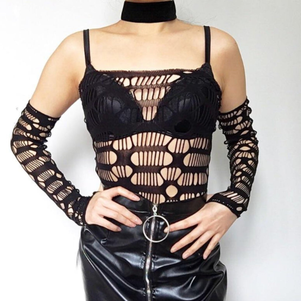 BLACK THICK STRETCHY FISHNET MESH TUBE TOP WITH SLEEVES