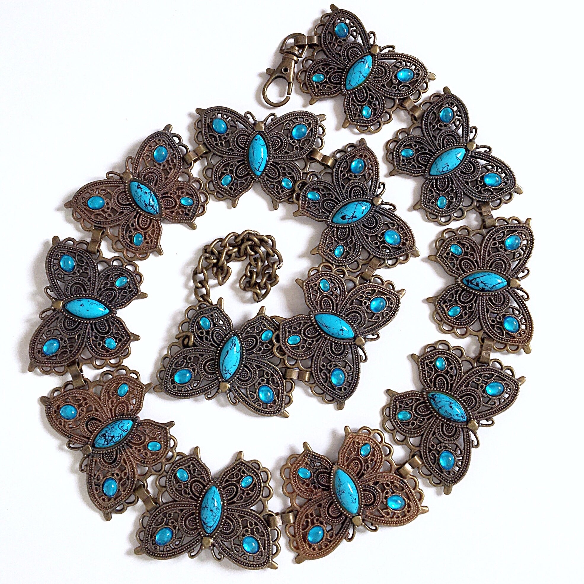 90S VINTAGE BUTTERFLY TURQUOISE COLOUR BRONZE BELT CHAIN