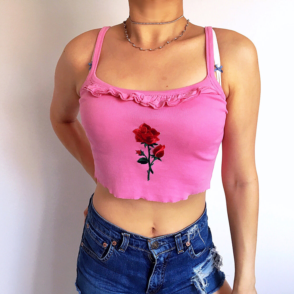 ROSE RUFFLE NECK CROP VEST TOP
