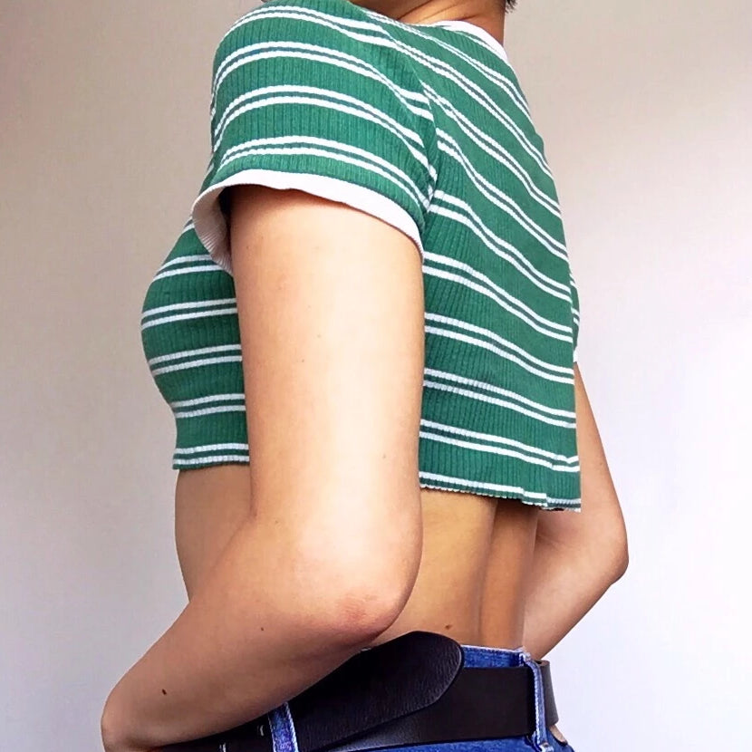 VINTAGE GREEN STRIPES KNIT SUPER CROP TEE TOP
