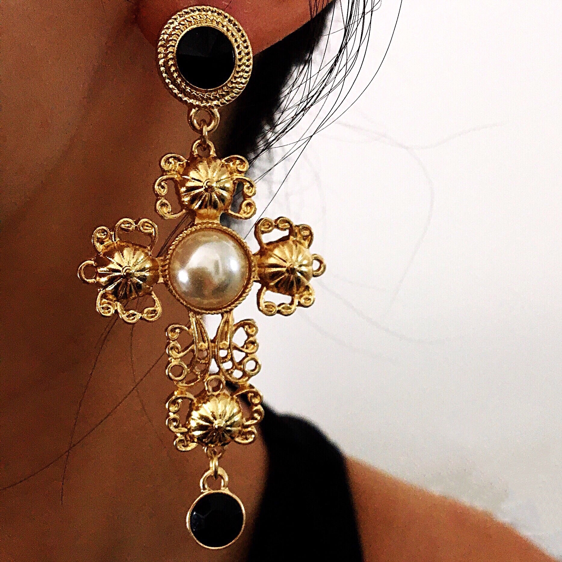 PEARL GOTHIC CROSS LONG EARRINGS