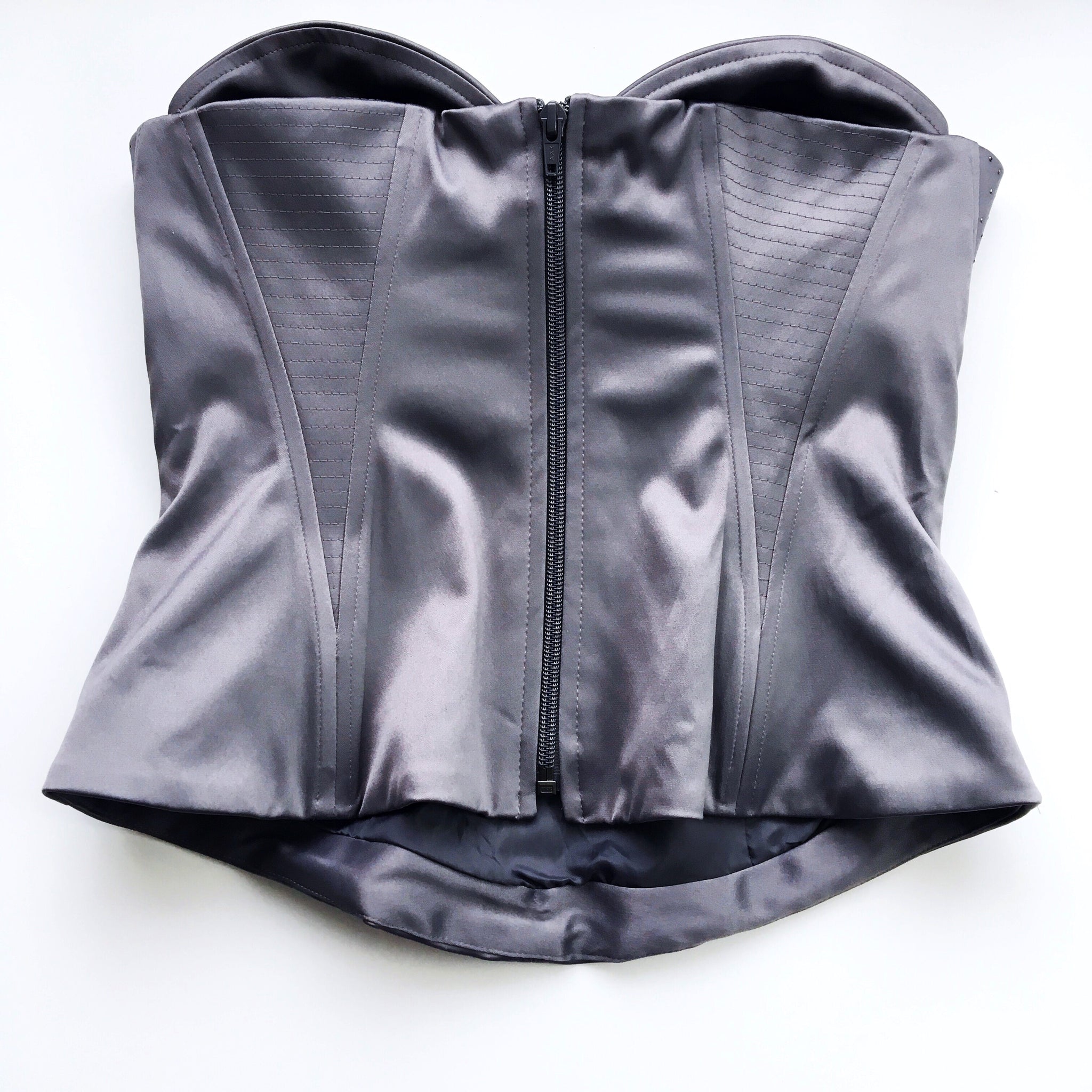 RETRO STITCHED STONE EMBELLISHMENTS DEVIL GREY SATIN BONED CORSET TOP