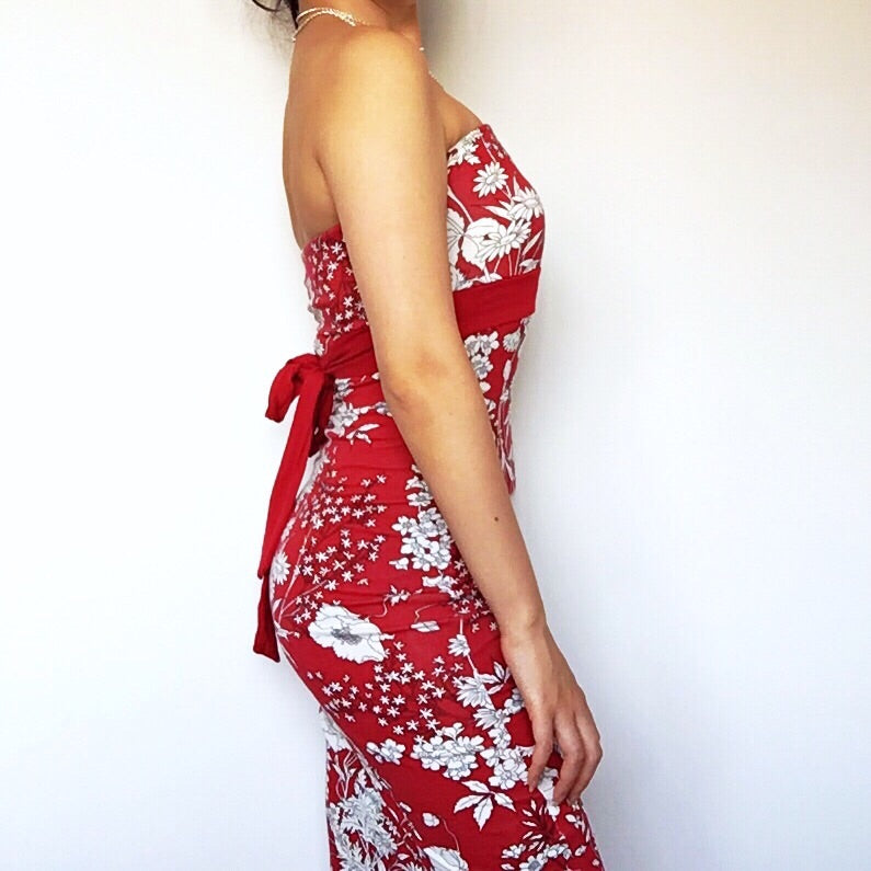 90S Y2K RED FLORAL TUBE DRESS