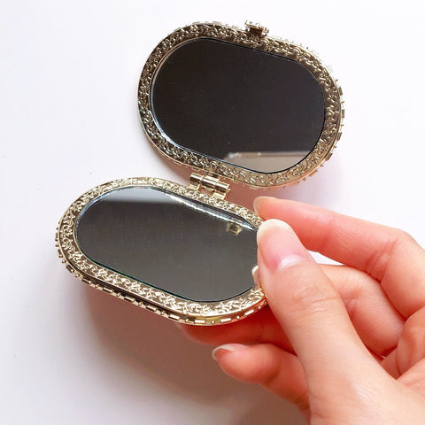 OVAL FLORAL EMBROIDERED SILKY PORTABLE MIRROR