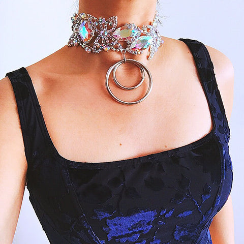 SOLID CHUNKY DOUBLE RINGS DIAMANTE CHOKER NECKLACE