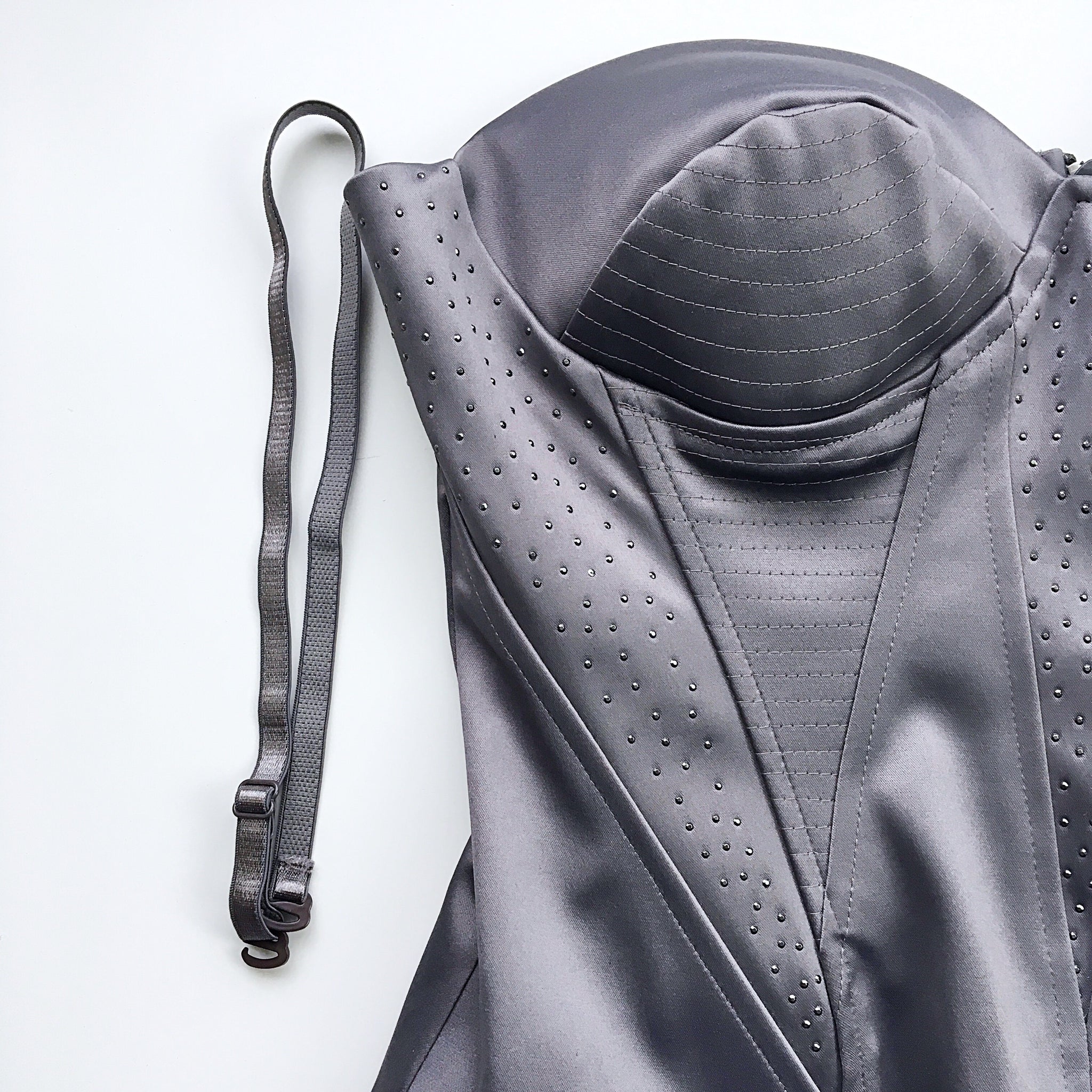 RETRO STITCHED STONE EMBELLISHMENTS DEVIL GREY SATIN BONED CORSET TOP