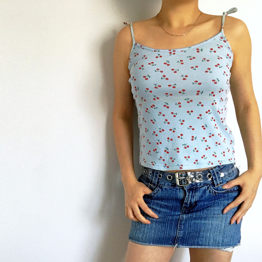 90S 00 Y2K BLUE CHERRY STRAP CAMI COTTON VEST TOP