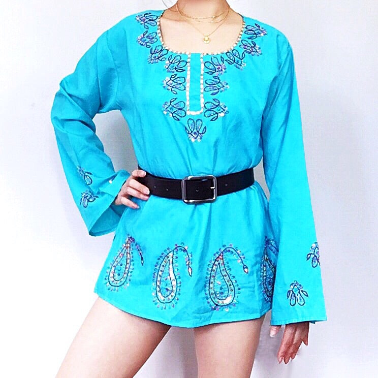 VINTAGE SEQUINS EMBROIDERY BEADED BELL SLEEVES LONG DRESS TOP