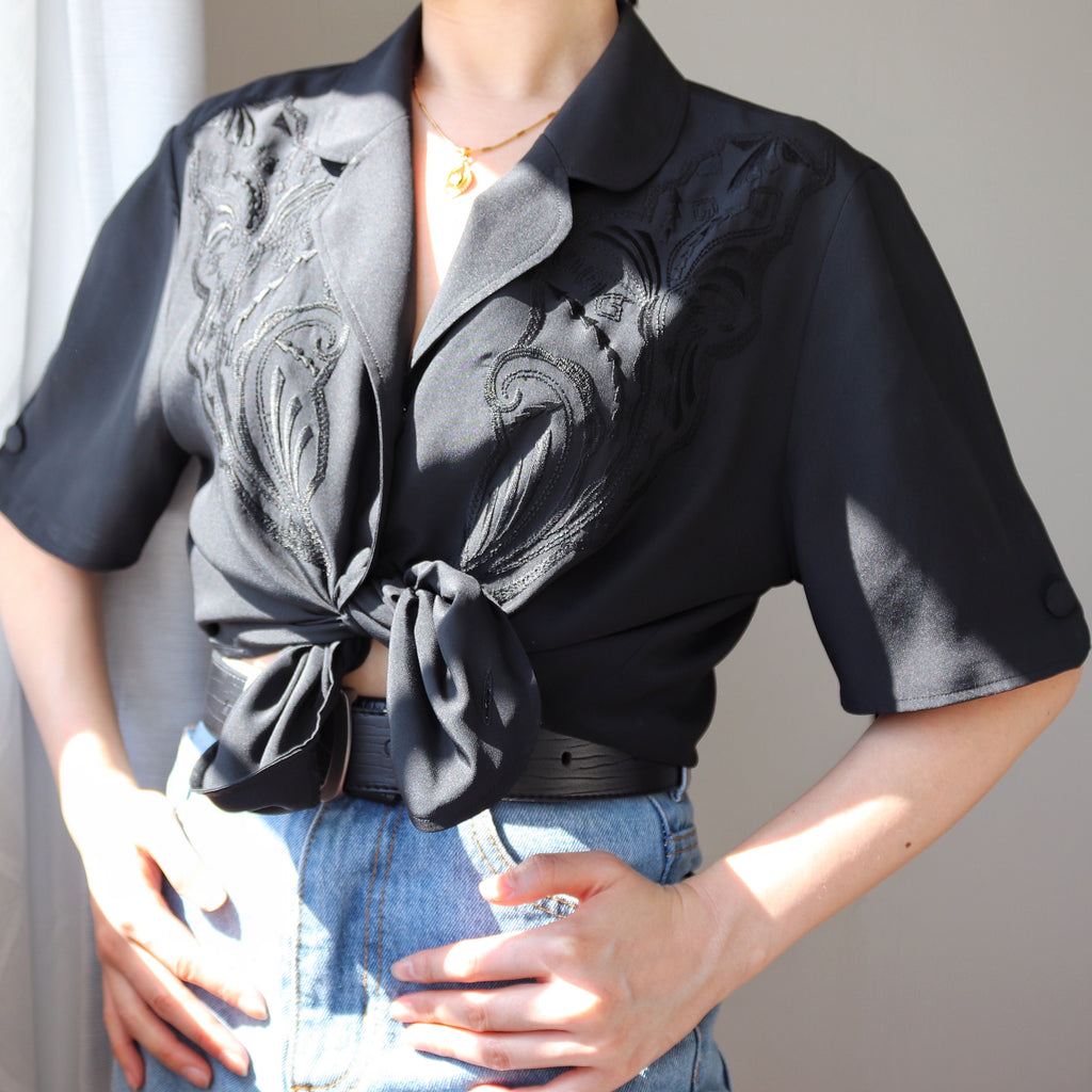 VINTAGE PATTERN EMBROIDERY SHORT SLEEVES SHIRT TOP