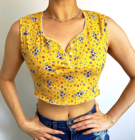 VINTAGE 90s FLORAL PRINT SCALLOP EDGE NECK CROP VEST TOP