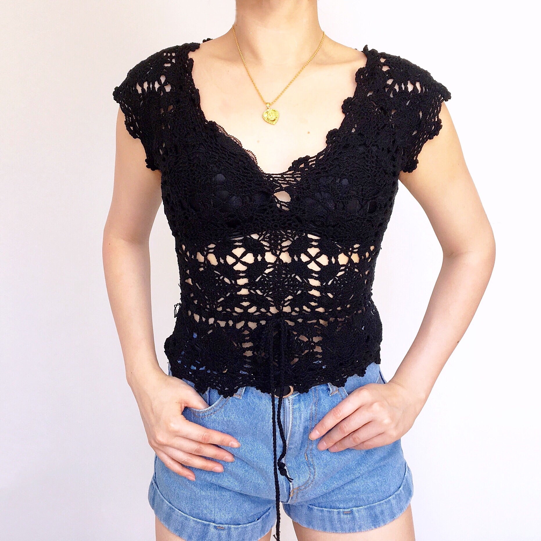 CROCHET KNIT V NECK VEST TOP