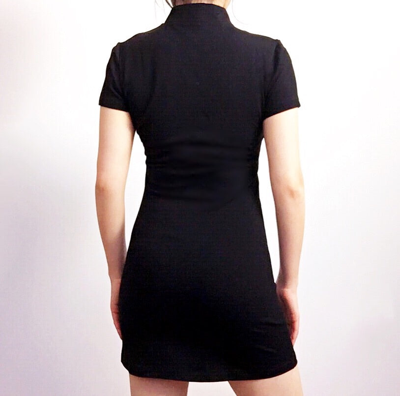 BLACK FLORAL ORIENTAL EMBROIDERY SHORT SLEEVES DRESS