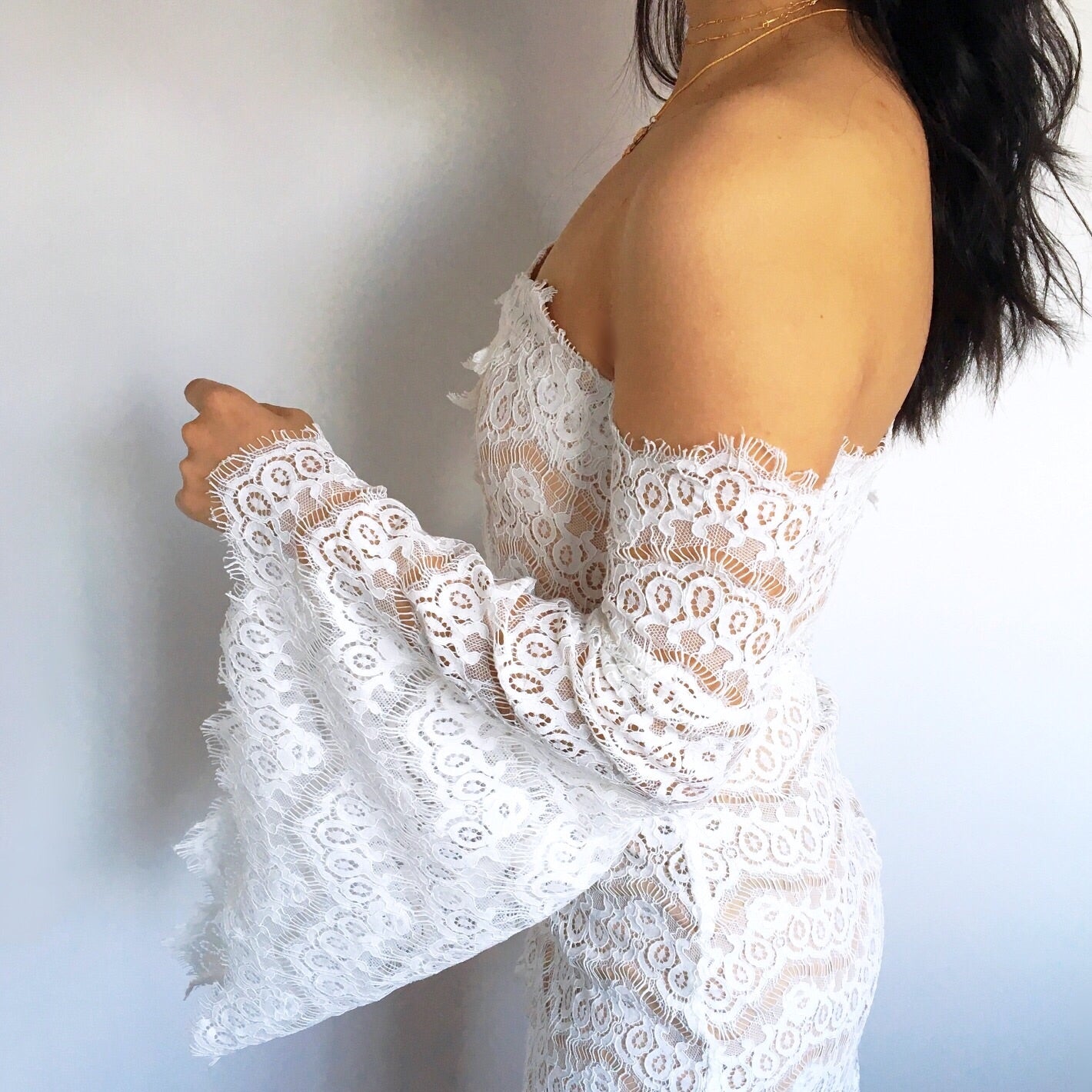 OFF SHOULDER ROMANTIC LACE BELL SLEEVES DRESS