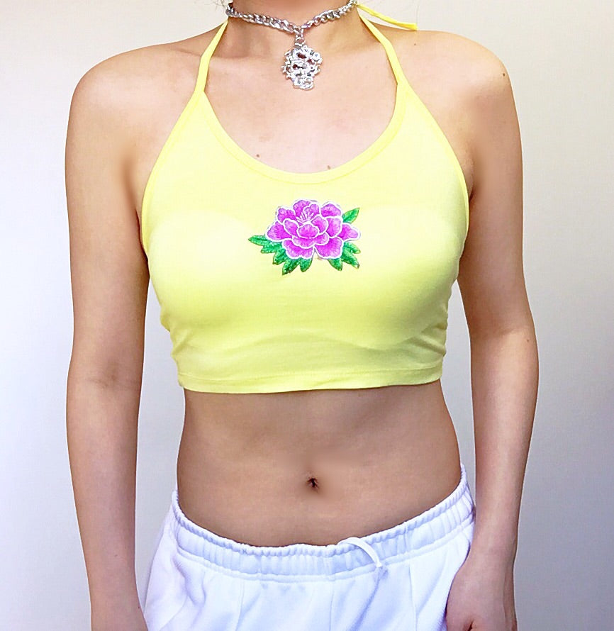 LILY FLORAL STRETCHY HALTER NECK TIES CROP TOP