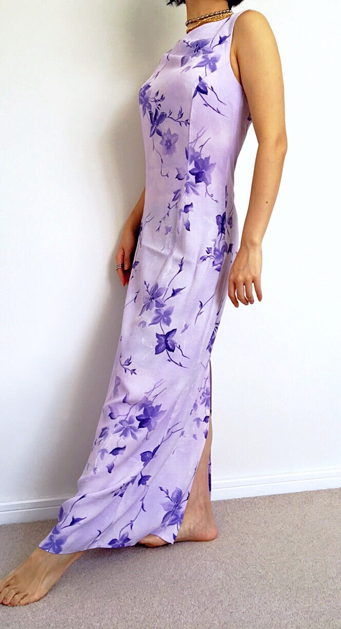90s Y2K 2000s VINTAGE CREPE FLORAL VEST LONG MAXI DRESS WITH BACK SLIT