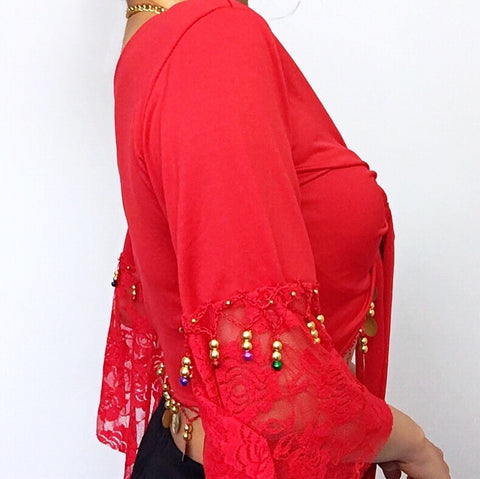 LACE BELL SLEEVES COIN WRAP FRONT TIE TOP