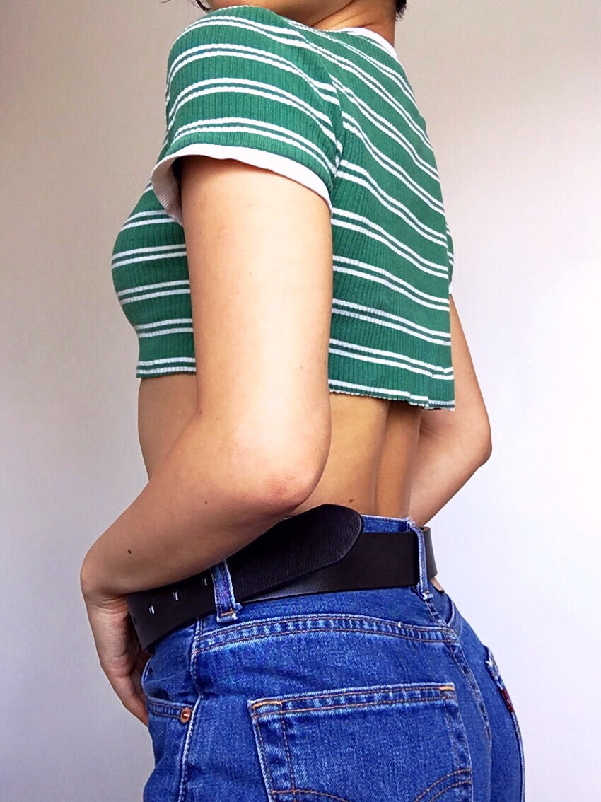 VINTAGE GREEN STRIPES KNIT SUPER CROP TEE TOP