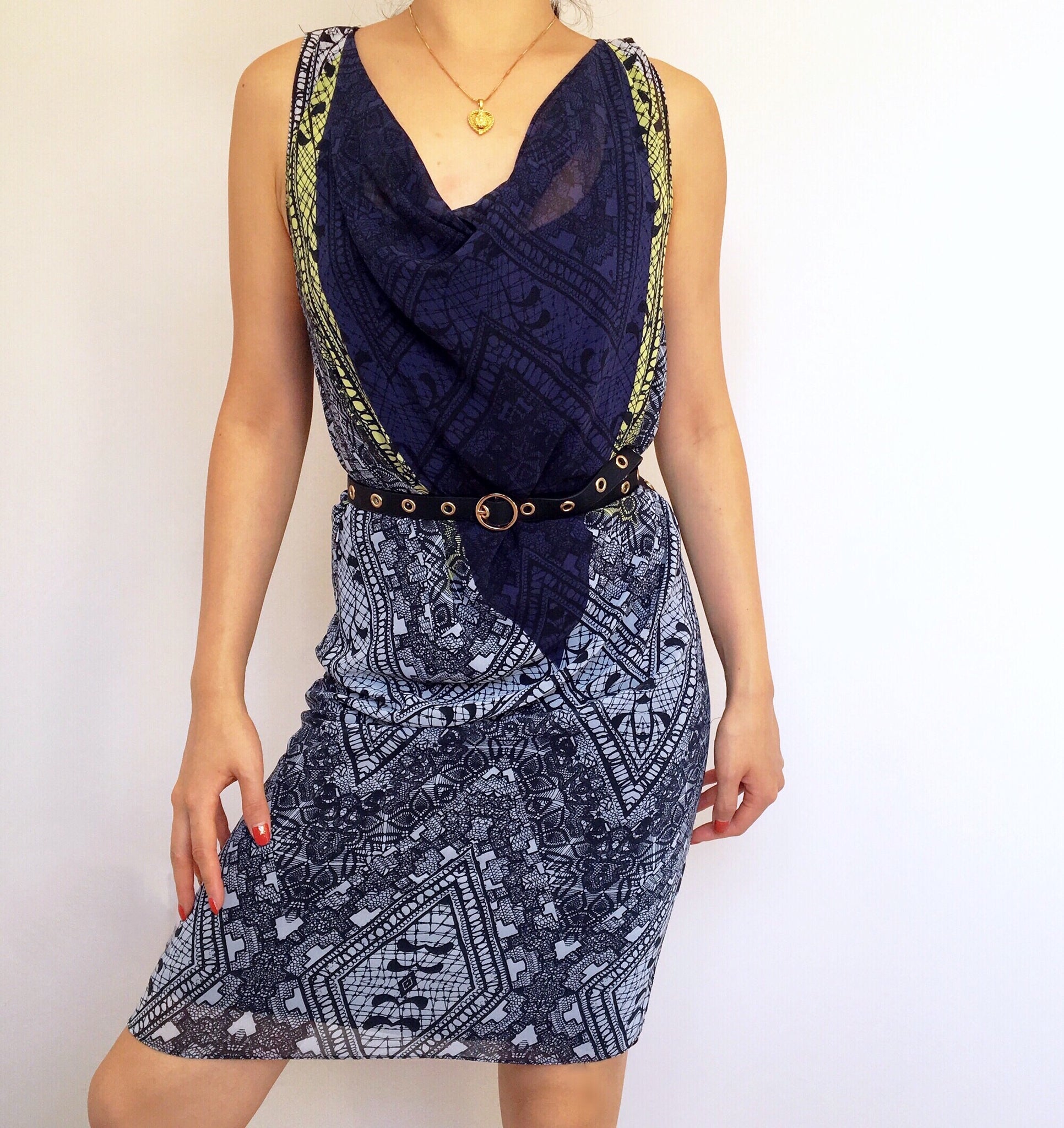 SCARF PRINT ROCK AND ROLL COWL NECK DRESS