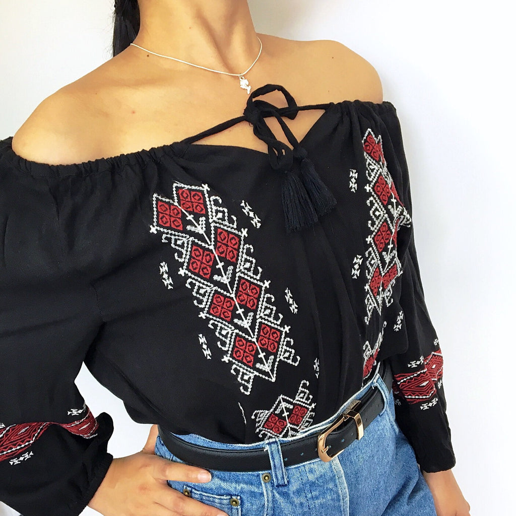 BOHO HIPPIE FLORAL EMBROIDERY OFF SHOULDER LONG TOP