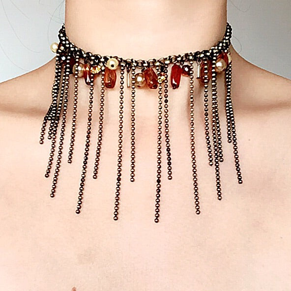 90s VINTAGE BEADED BOHO TASSELS LONG CHAIN TRIBAL SHORT NECKLACE