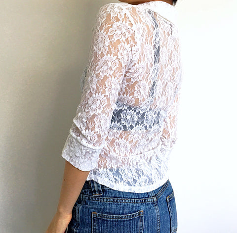 90S VINTAGE FLORAL LACE 3/4 MID SLEEVES SHIRT TOP