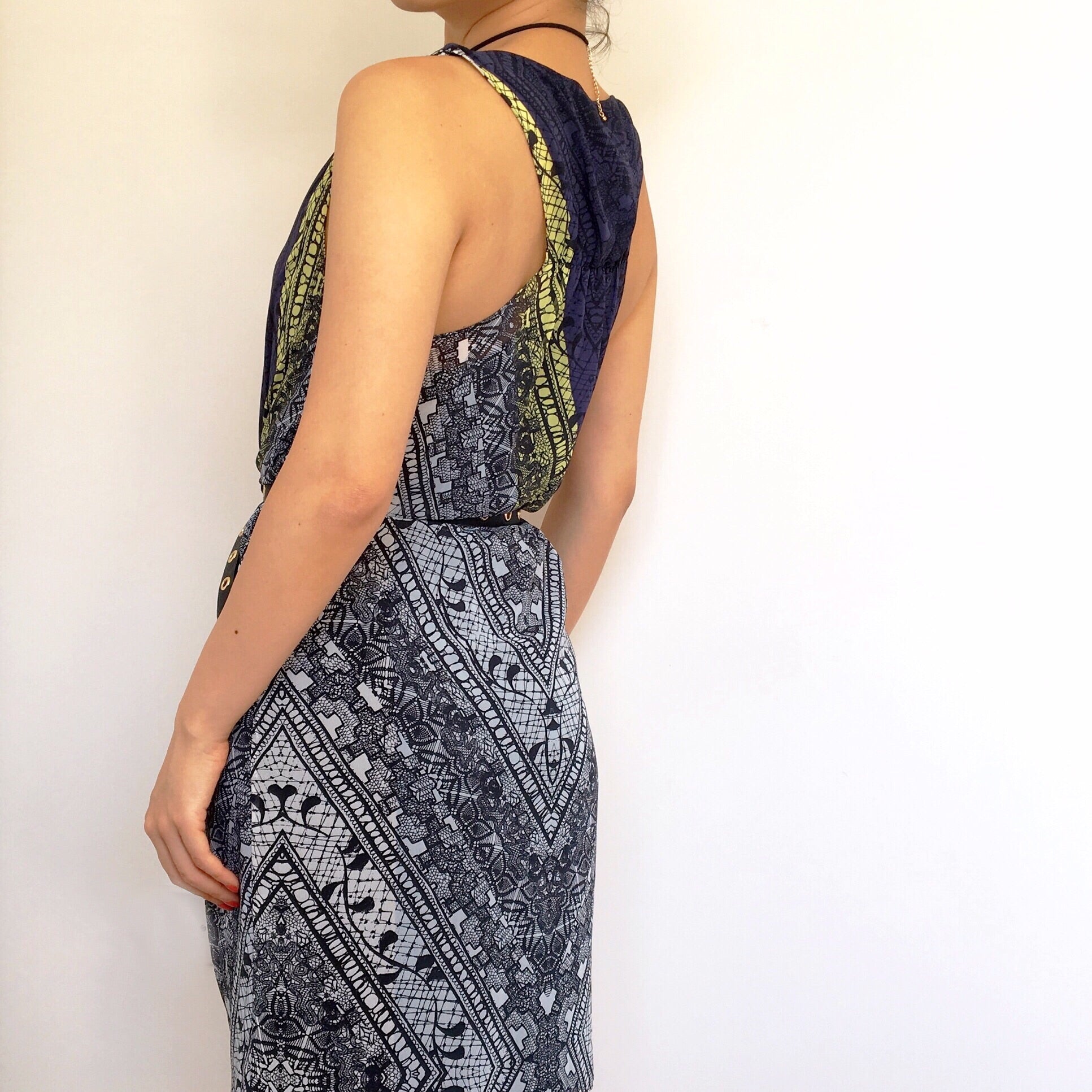 SCARF PRINT ROCK AND ROLL COWL NECK DRESS