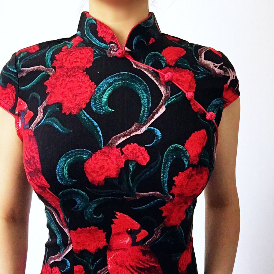 RED FLORAL ORIENTAL SHORT SLEEVES DRESS