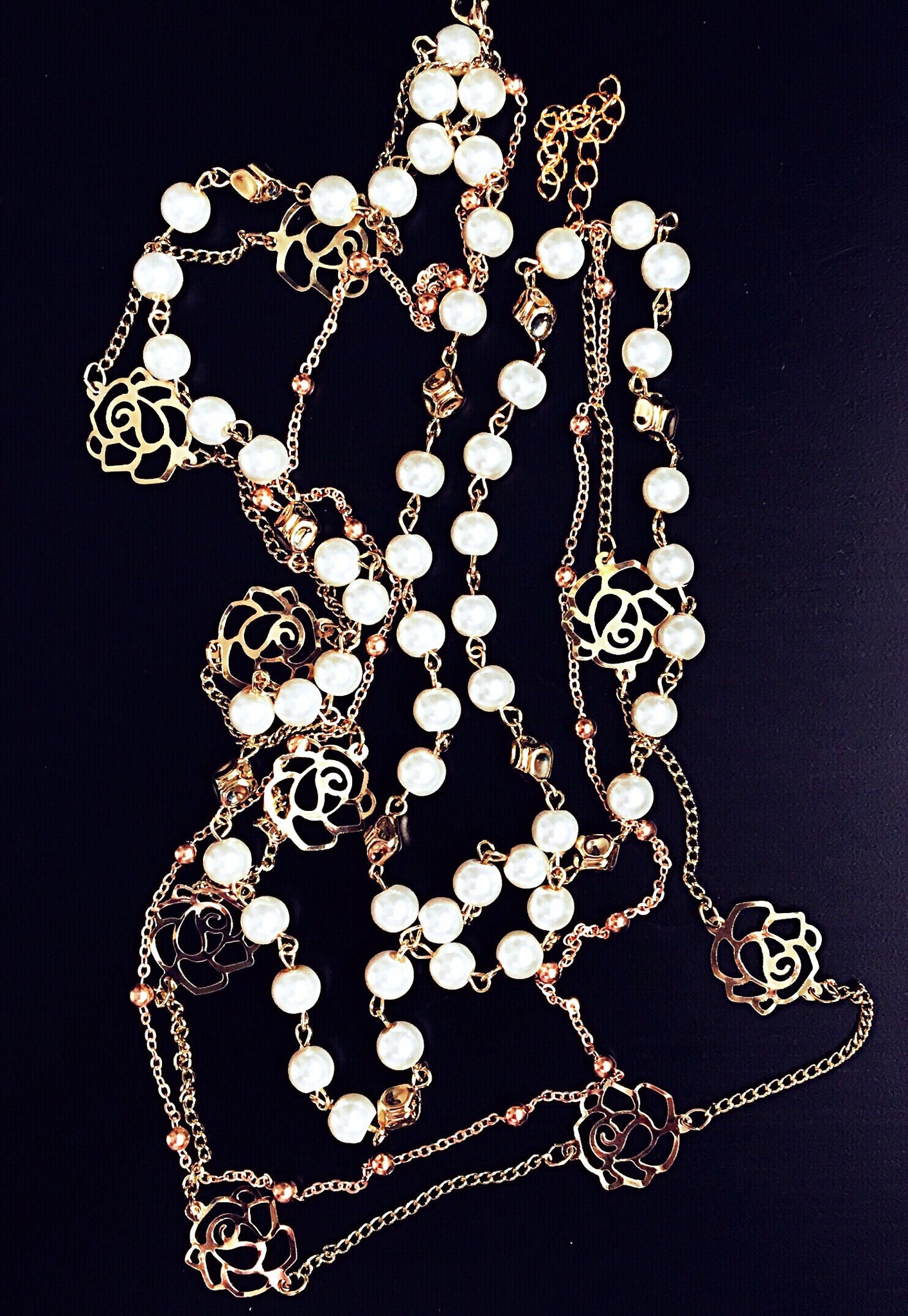 ROSE PEARL CHAIN MULTI LINKS  LONG NECKLACE