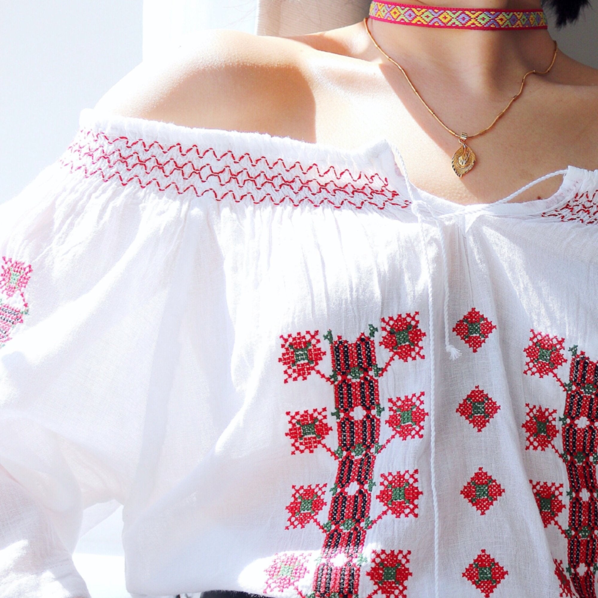 BOHO HIPPIE FLORAL EMBROIDERY OFF SHOULDER LONG TOP