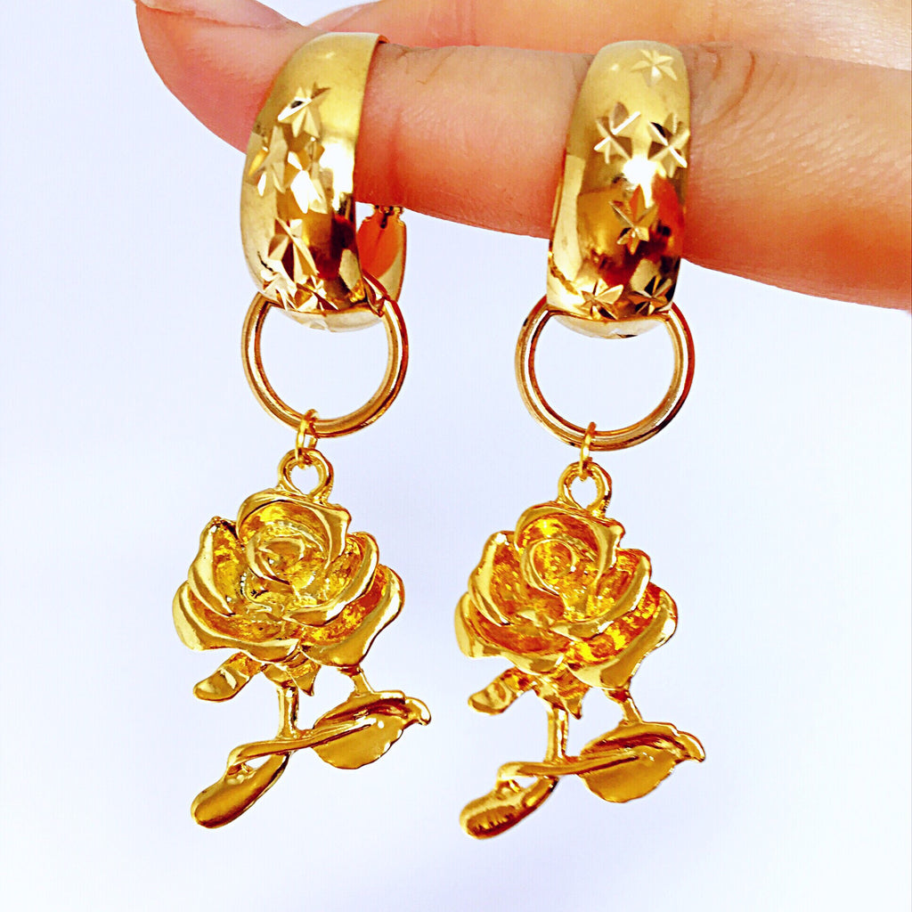 Y2K 2000S 90S STYLE GOLD CHUNKY HOOP ROSE EARRINGS