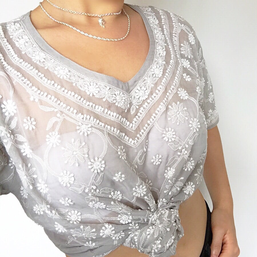BOHO HIPPIE SEMI SHEER FLORAL EMBROIDERY V NECK TEE TOP