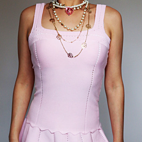 CUTE PINK KNIT SCALLOP HEM EDGE VEST TOP SKIRT SET