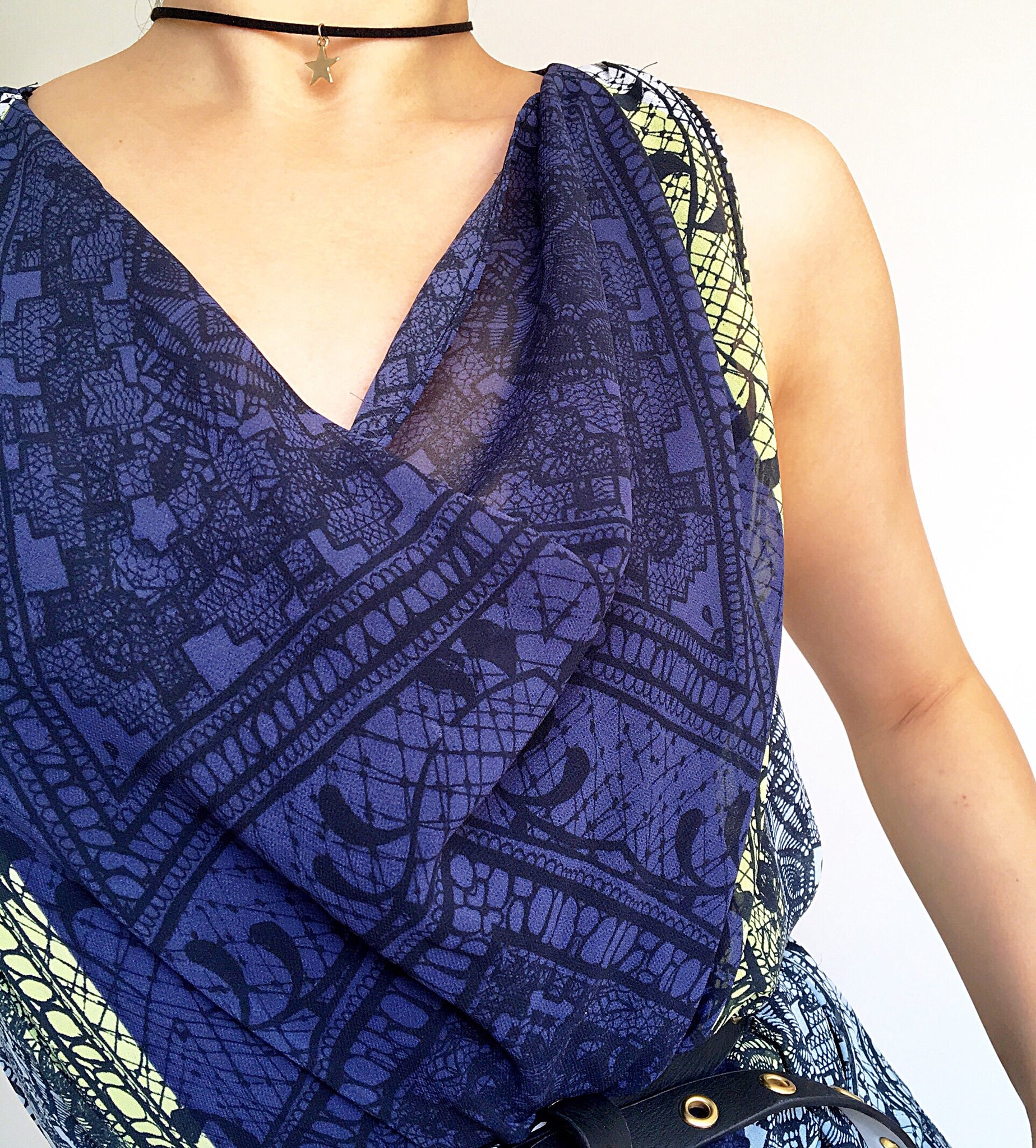 SCARF PRINT ROCK AND ROLL COWL NECK DRESS