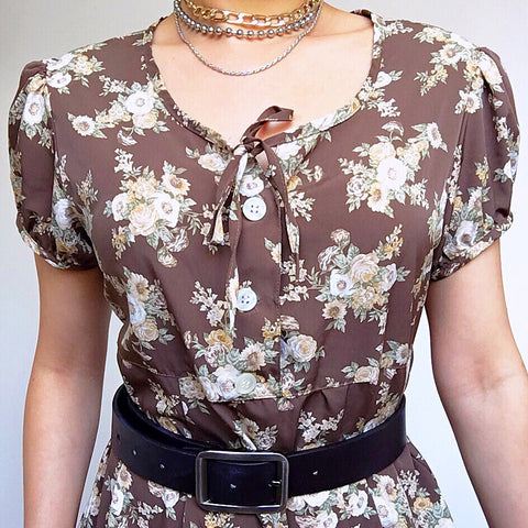 VINTAGE 90s BROWN FLORAL TEA DRESS